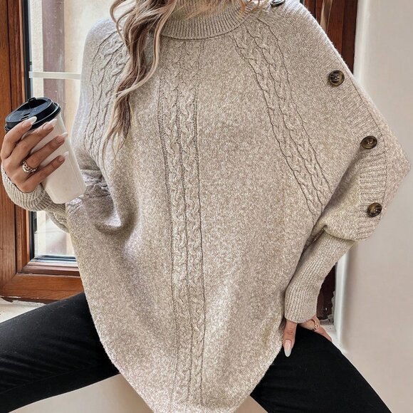 Apricot Casual Women's Turtleneck Batwing Sleeve Button Detail Cable Knit Poncho - Picture 5 of 7
